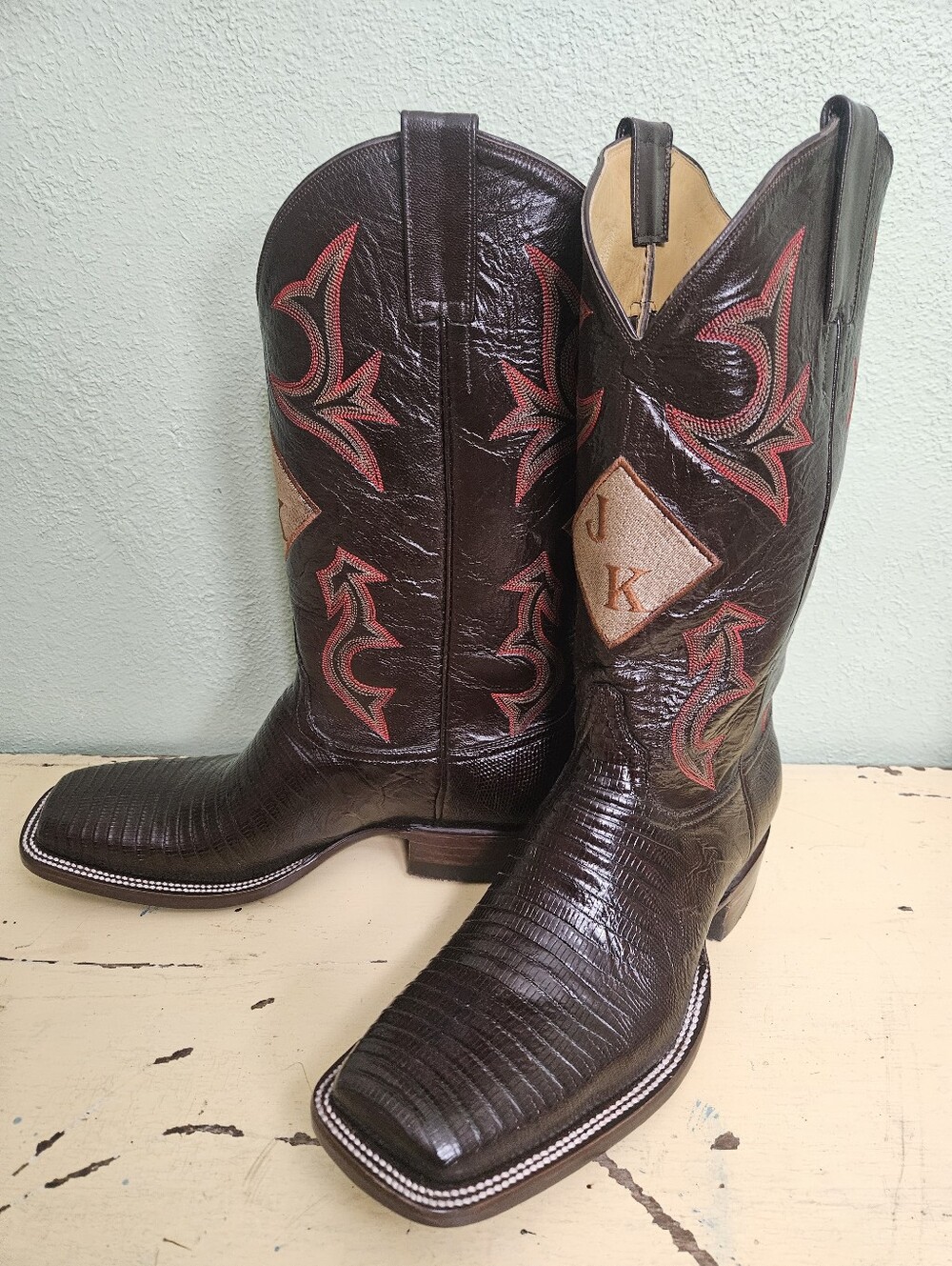 Custom Saulini Lizard Cowboy Western Boots with Red Stitching